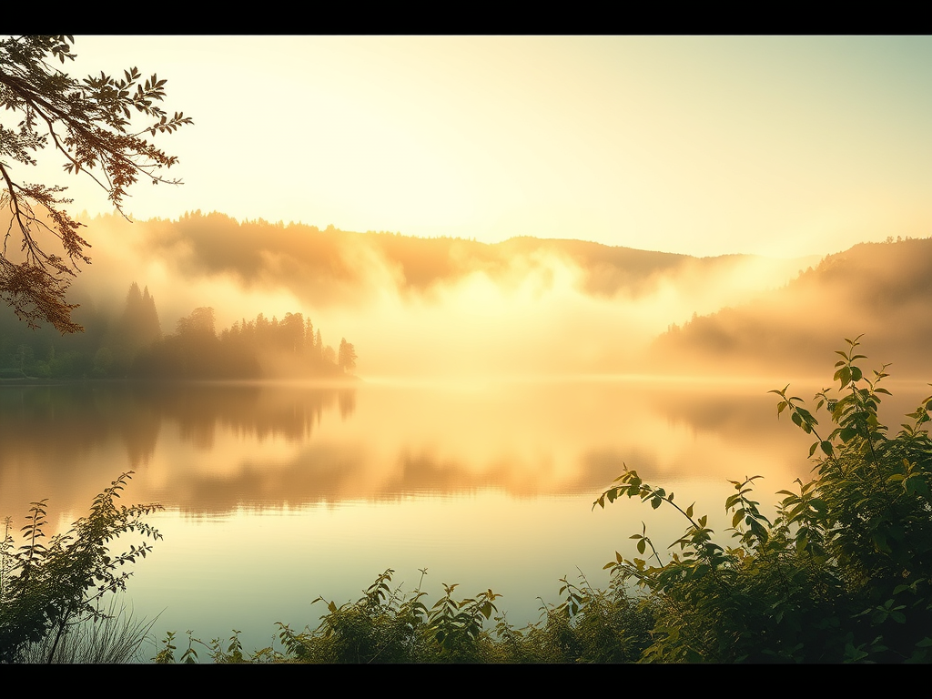 featured image for a blog post titled "Silent Thoughts," which evokes a sense of calm and introspection. The main subject should be a serene landscape at dawn, featuring a tranquil lake surrounded by lush greenery and mist rising off the waterâ€™s surface. Soft, golden light should illuminate the scene, casting gentle reflections in the water. The style should be painterly and dreamy, with a focus on blending warm and cool tones to enhance the peaceful atmosphere. Use high resolution to ensure a highly detailed image, with sharp focus on both the lake and the surrounding foliage.