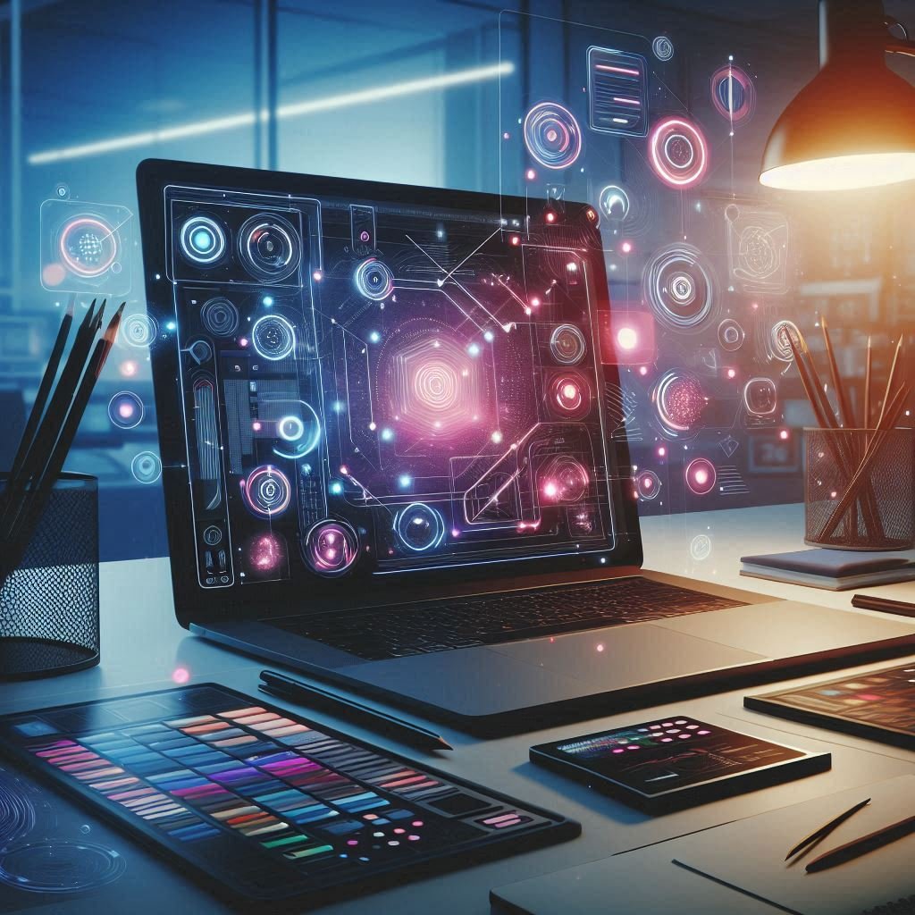 A modern digital workspace equipped with creative design tools and user interface elements. Designed by Suad Al-Saati.